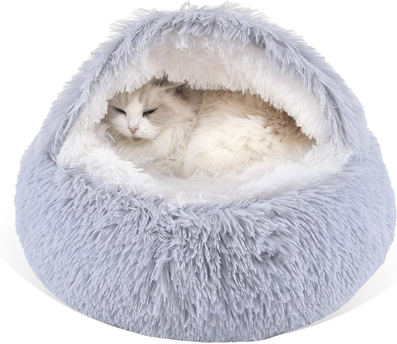 Cat Bed Round Fluffy Hooded Cat Bed Cave with Non-collapsed Plush Cover,Cat Bed Donut for Indoor Cats,Calming Dog Beds&Cat,Anti-Slip&Waterproof Bottom,Washable Bed,20inch,Grey